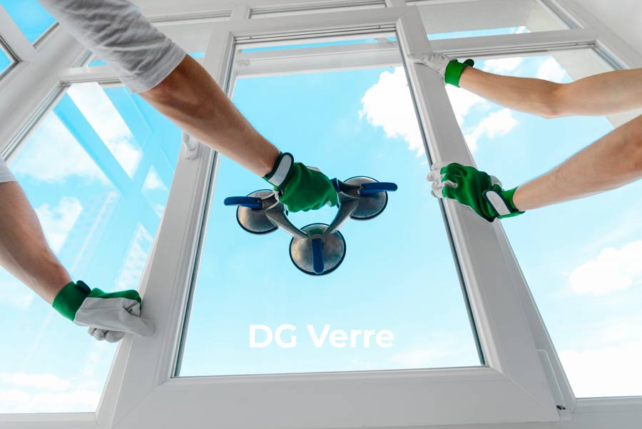 Vitriers DG Verre Sàrl posant un vitrage de fenêtre avec ventouses en Suisse romande
